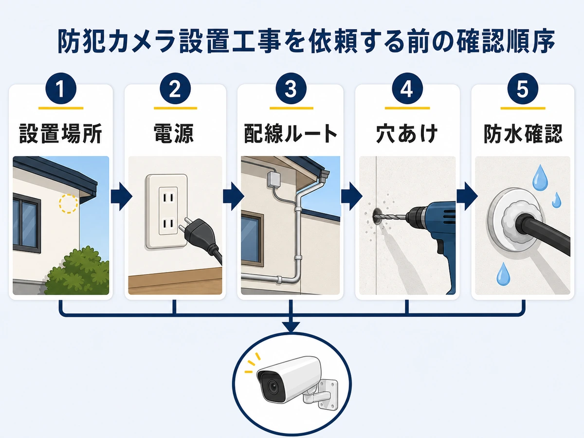 防犯カメラ設置工事を依頼する前の確認順を示す図