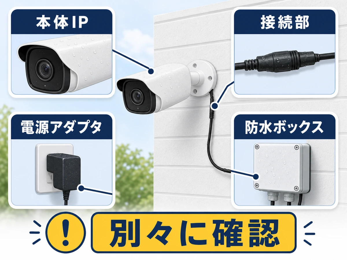 防犯カメラの本体IP、接続部、電源アダプタ、防水ボックスを別々に確認する図