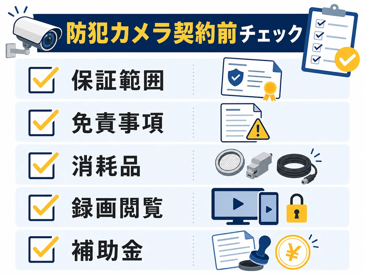 契約前に確認する保証範囲や補助金のチェック項目を示す図解