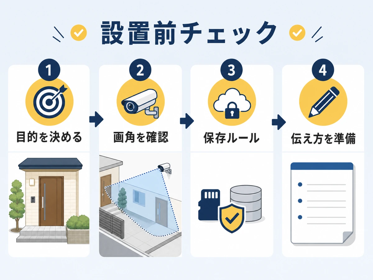 防犯カメラ設置前に目的、画角、保存ルール、伝え方を確認する流れ