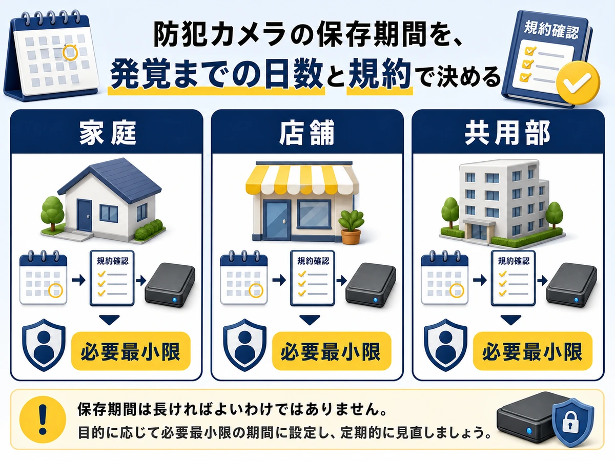家庭、店舗、共用部ごとに防犯カメラ映像の保存期間を決める考え方