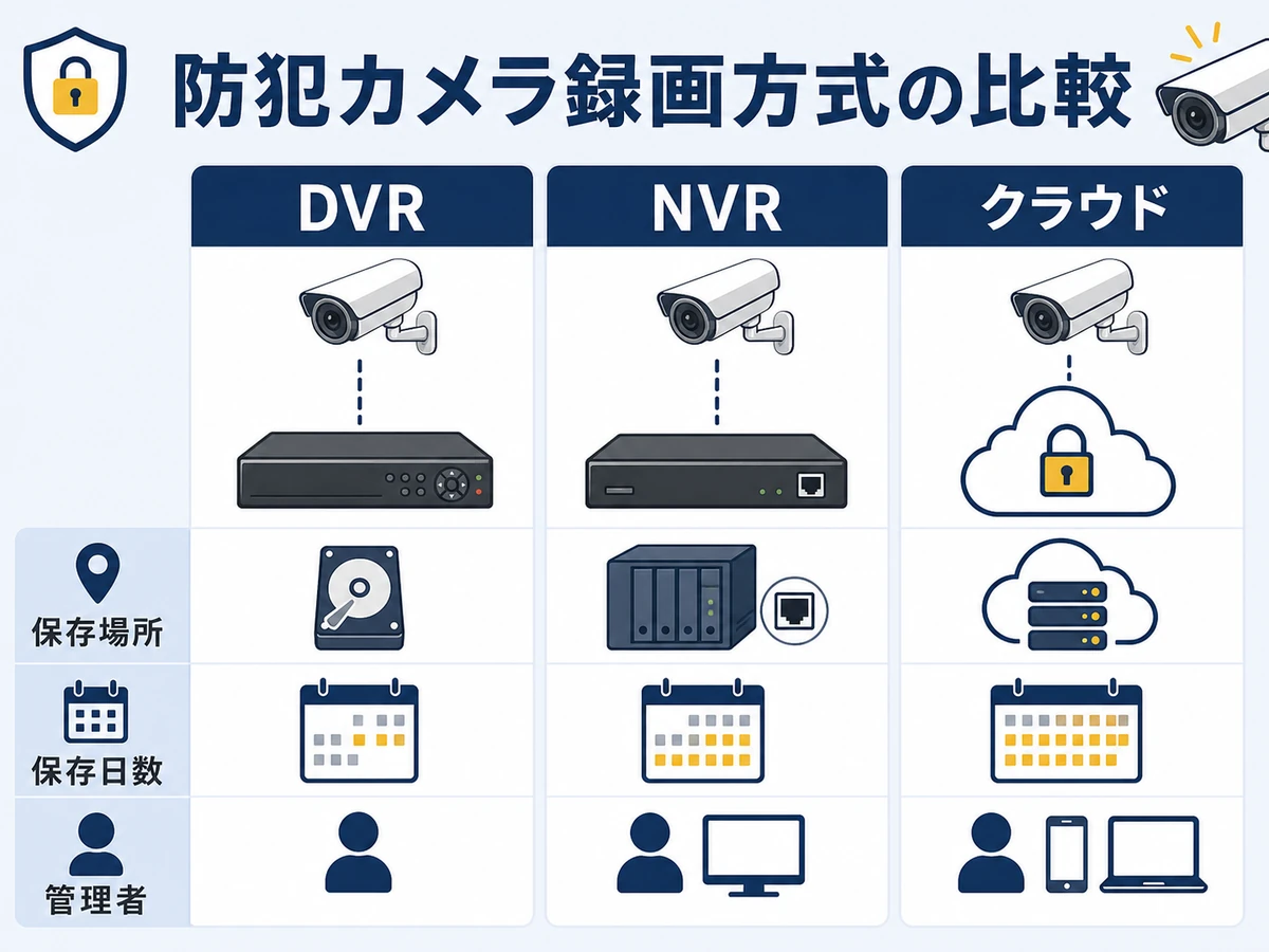 防犯カメラのDVR・NVR・クラウド録画方式を保存場所と管理者で比較する図
