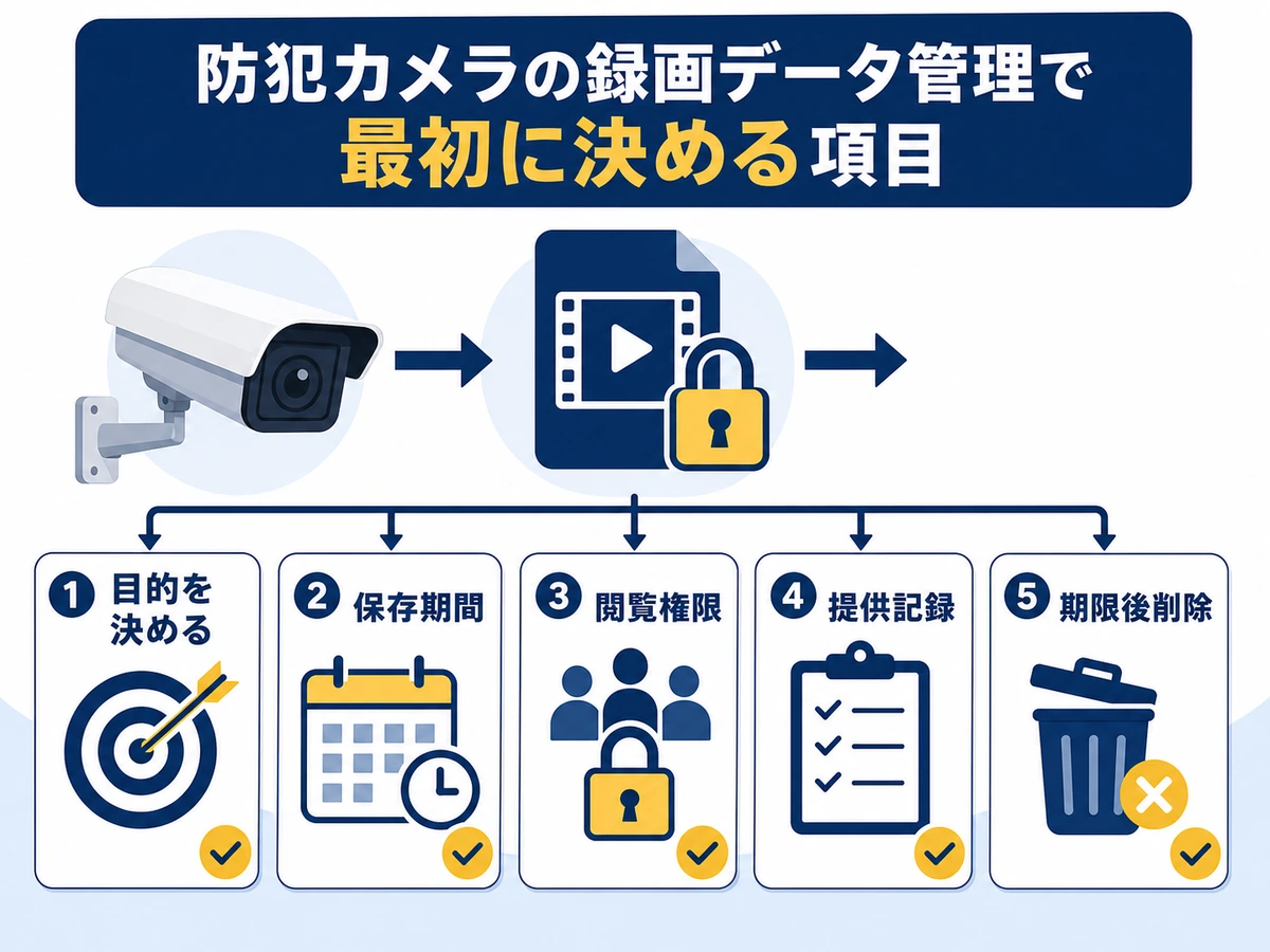 防犯カメラの録画データ管理で目的、保存期間、閲覧権限、提供記録、削除を確認する流れ