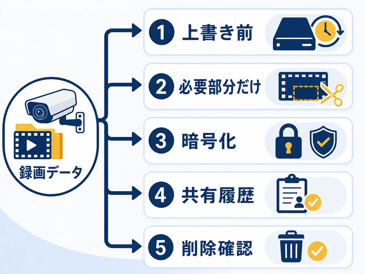 防犯カメラ録画データを上書き前に必要部分だけ保存し暗号化、共有履歴、削除確認を行う図