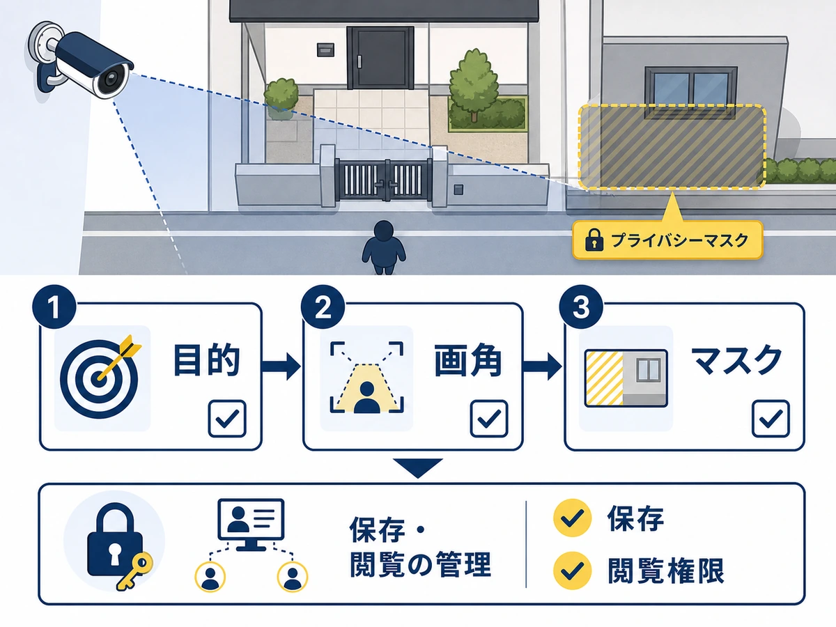 防犯カメラの目的、画角、マスク、保存、閲覧権限を確認する流れ