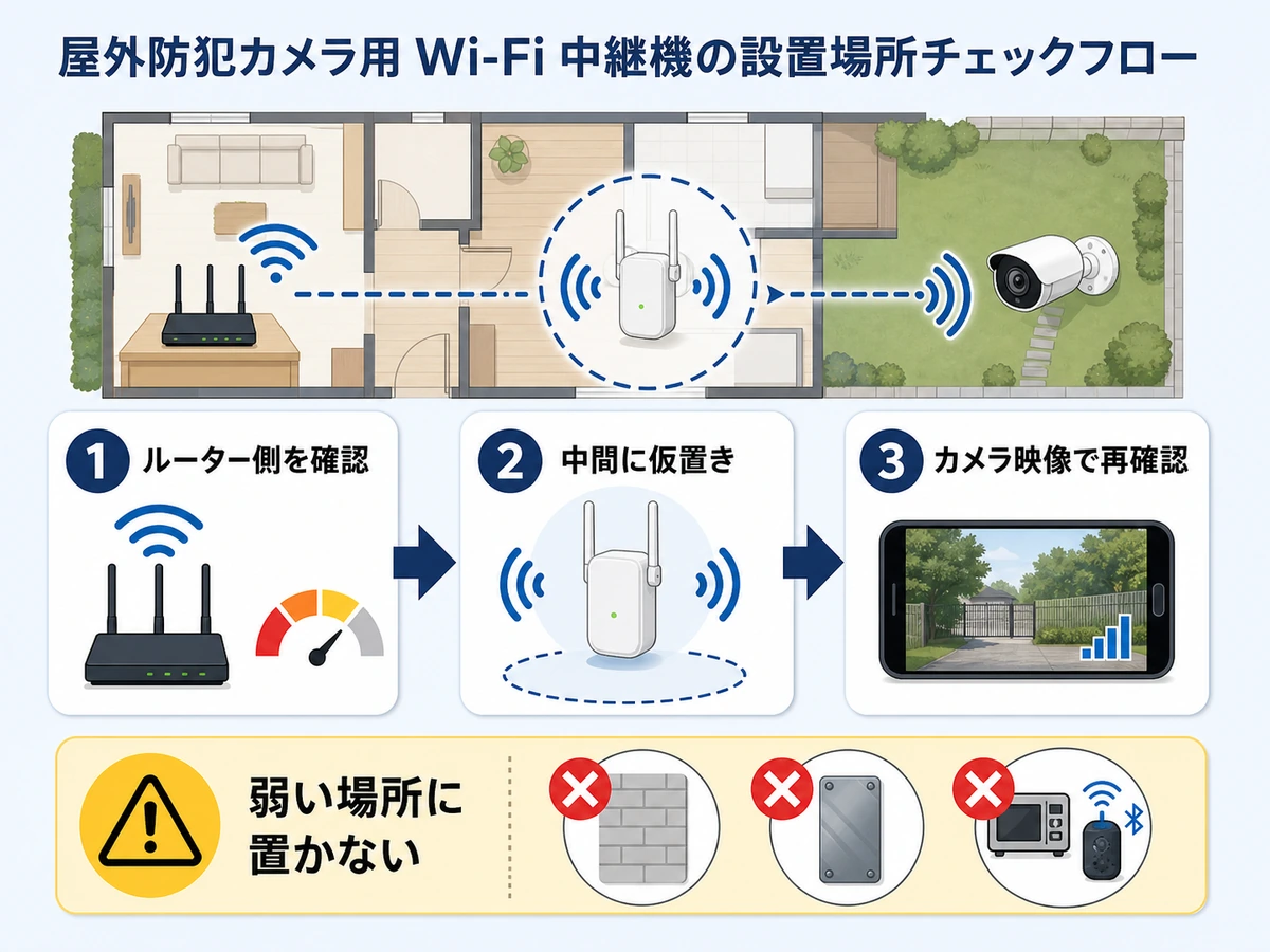 Wi-Fi防犯カメラ用中継器の置き場所を確認する3段階の図解