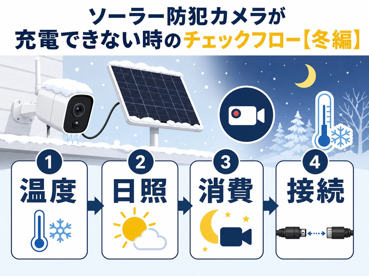 冬のソーラー防犯カメラで温度、日照、消費、接続を確認する流れ