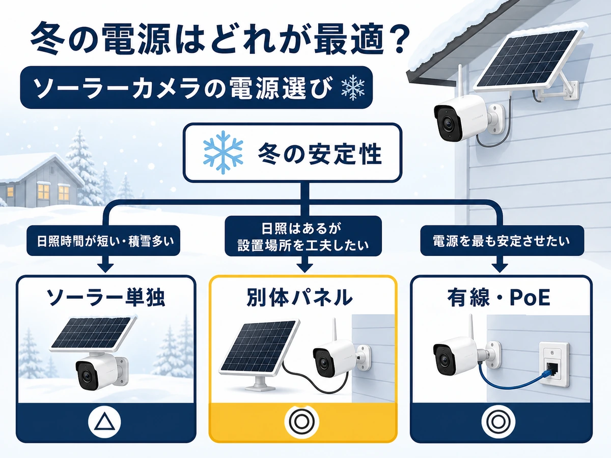 寒冷地でソーラー単独、別体パネル、有線やPoEを比較する判断図
