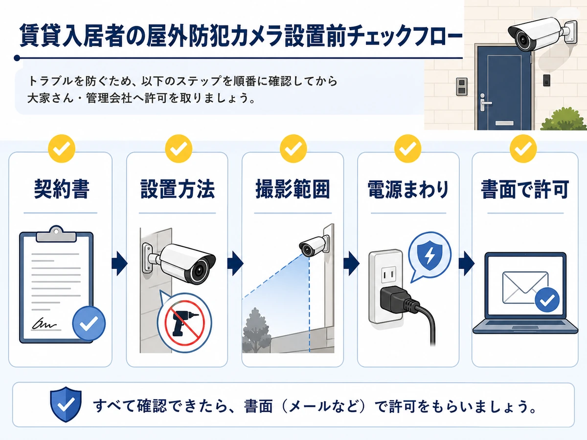賃貸で屋外防犯カメラを設置する前の確認順を示すチェックフロー