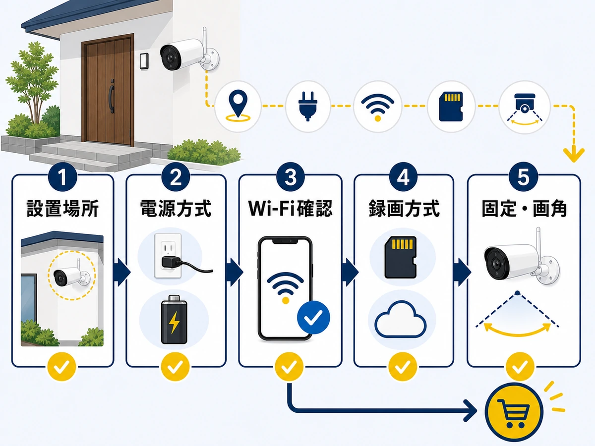 工事不要の防犯カメラを買う前に確認する設置場所・電源方式・Wi-Fi・録画方式・固定画角の流れ