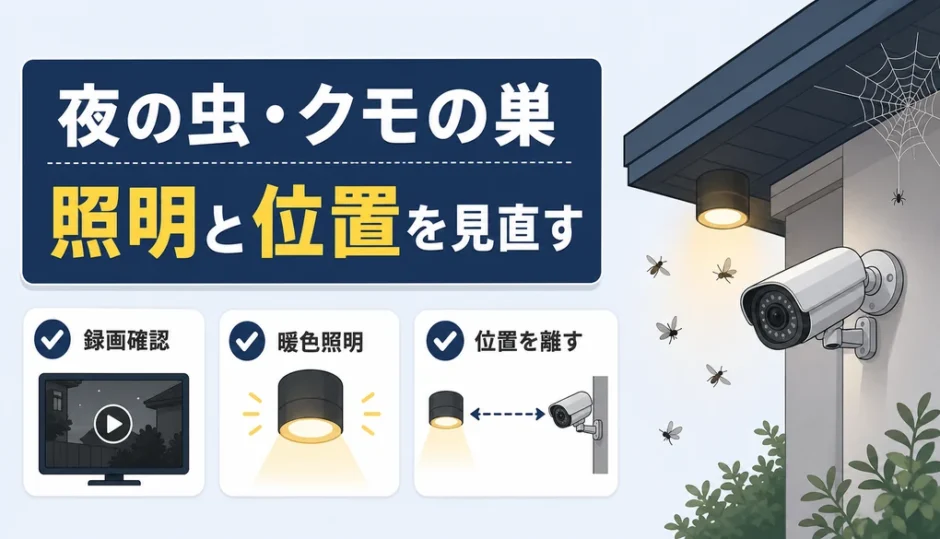夜の防犯カメラの虫・クモの巣対策を照明と位置で見直す図解