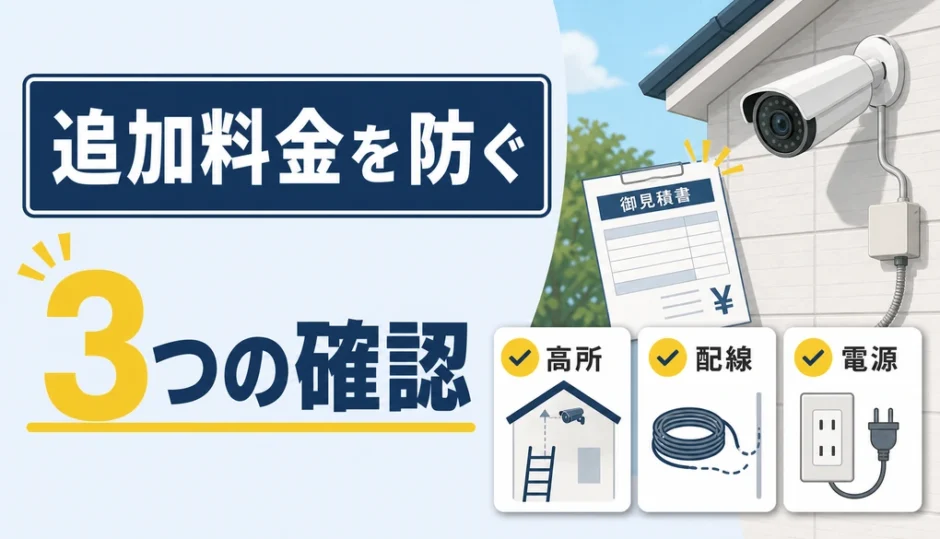 防犯カメラの追加料金を防ぐための高所・配線・電源確認を示すサムネイル
