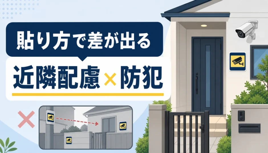 防犯カメラステッカーの貼り方で近隣配慮と防犯の印象が変わることを示す図