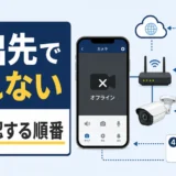 外出先で防犯カメラアプリが見れない時に確認する順番を示す図解