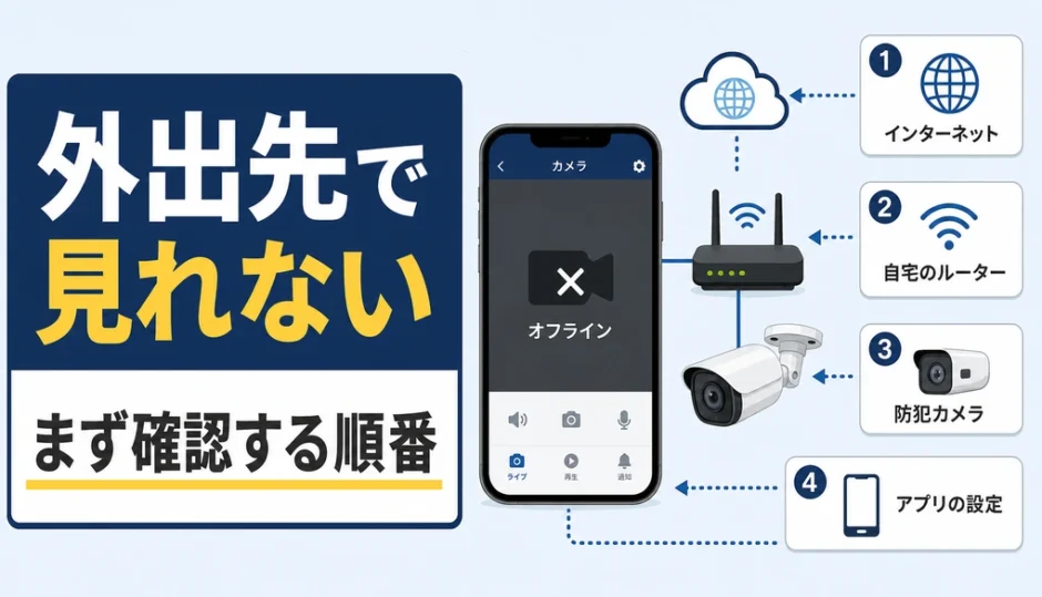 外出先で防犯カメラアプリが見れない時に確認する順番を示す図解
