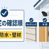 屋外防犯カメラを壁固定する前の下地・防水・壁材確認を示す図
