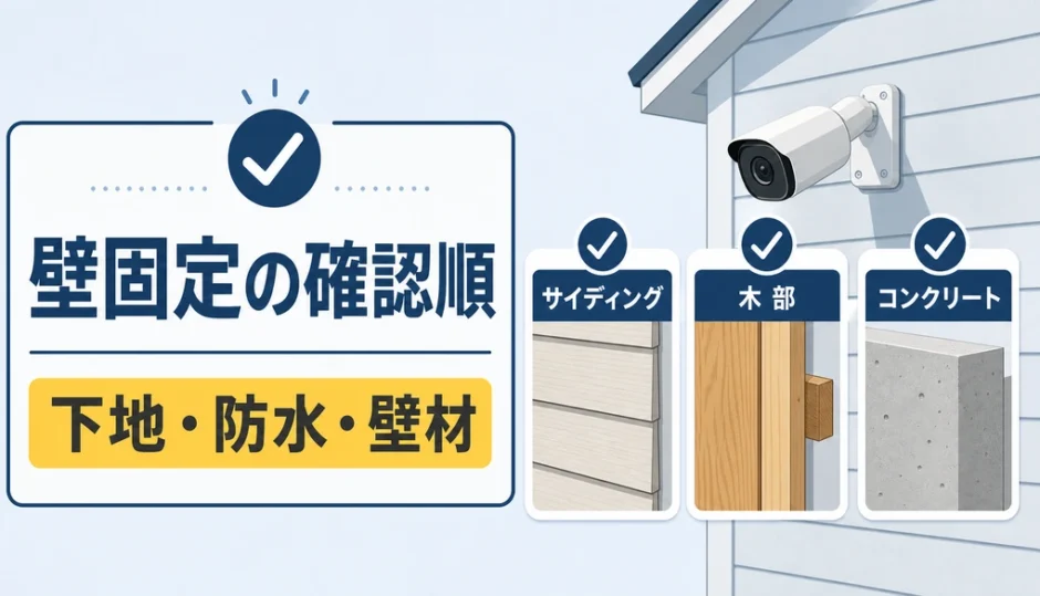 屋外防犯カメラを壁固定する前の下地・防水・壁材確認を示す図