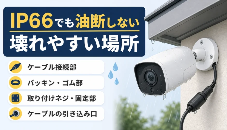 屋外防犯カメラのIP66と壊れやすい接続部を示すサムネイル