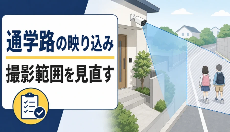 通学路の子どもが映る防犯カメラの撮影範囲を見直す図解