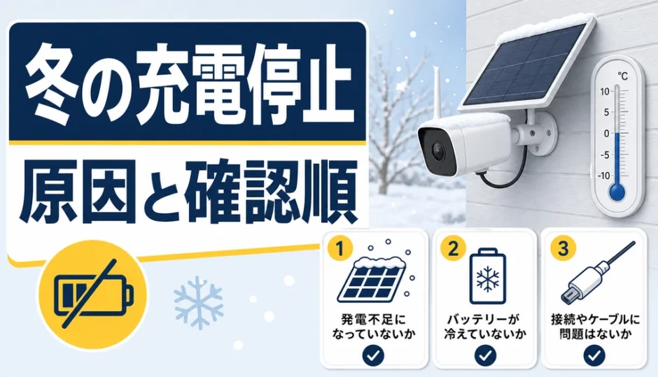 冬にソーラー防犯カメラが充電停止する原因と確認順を示すサムネイル