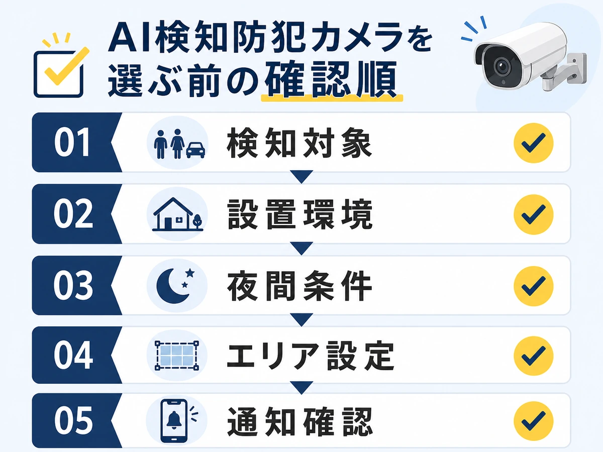 AI検知防犯カメラを選ぶ前に、検知対象、設置環境、夜間条件、エリア設定、通知確認を順に見る図解