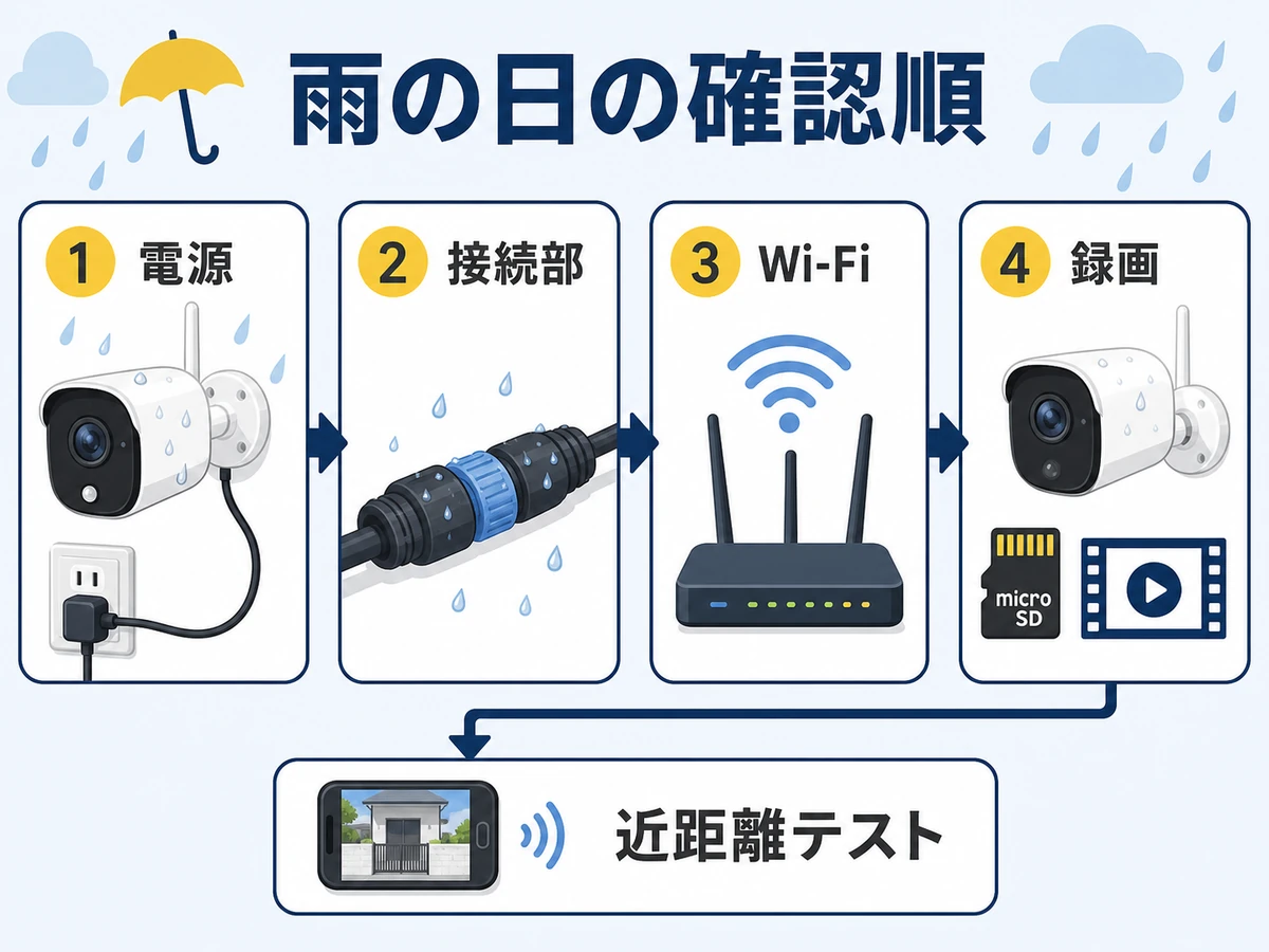 雨の日に防犯カメラ映像が途切れる時の電源・接続部・Wi-Fi・録画の確認順