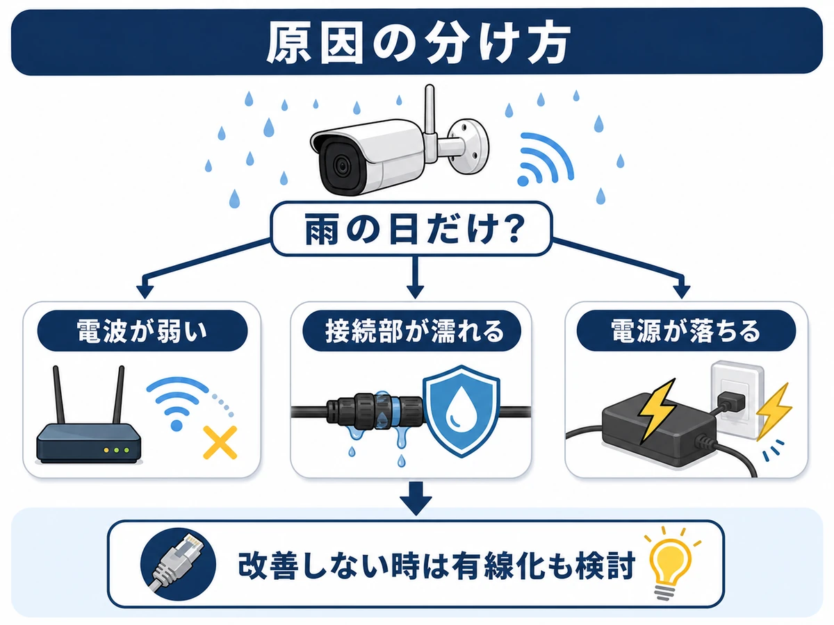雨の日に防犯カメラ映像が途切れる原因を電波・接続部・電源に分ける図解