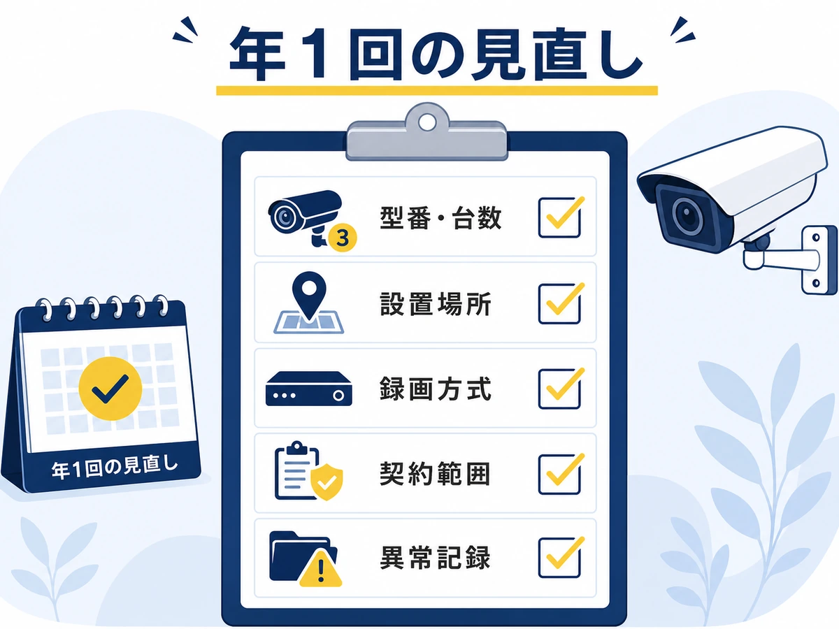 防犯カメラの年次見直しで確認する型番・設置場所・録画方式・契約範囲・異常記録
