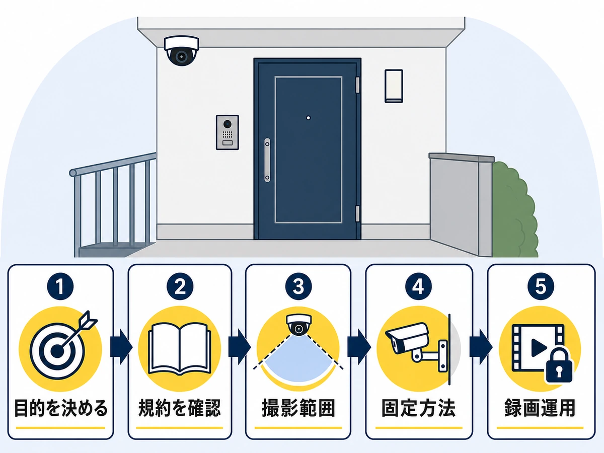 マンション玄関カメラの設置前に目的、規約、撮影範囲、固定方法、録画運用を確認する流れ