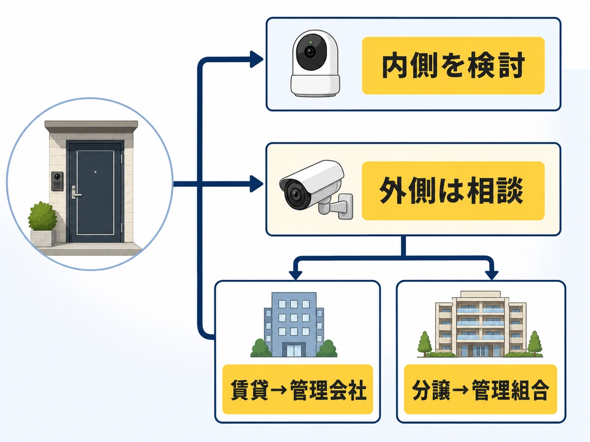 マンション玄関カメラは内側を検討し、外側なら賃貸は管理会社、分譲は管理組合へ相談する判断図