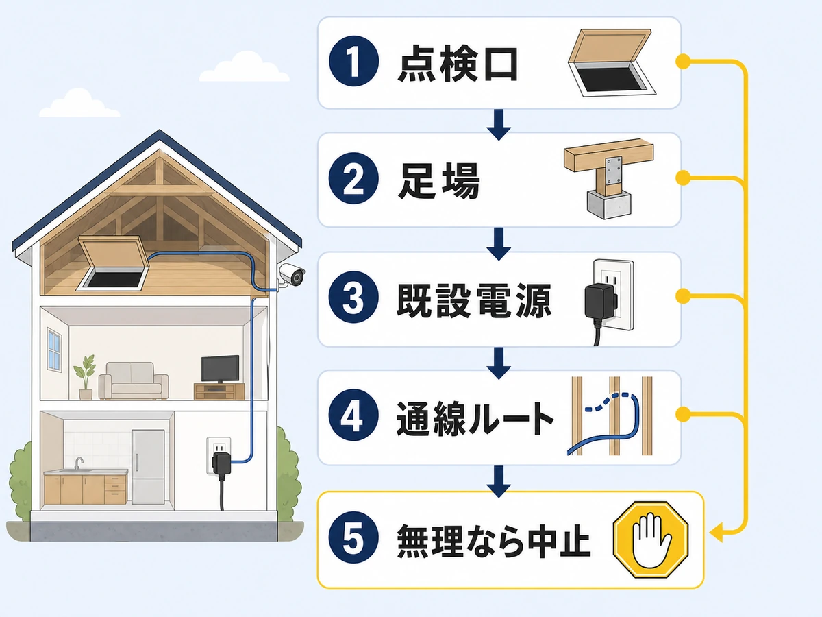 屋根裏配線のDIY可否を点検口・足場・既設電源・通線ルートの順で判断する図