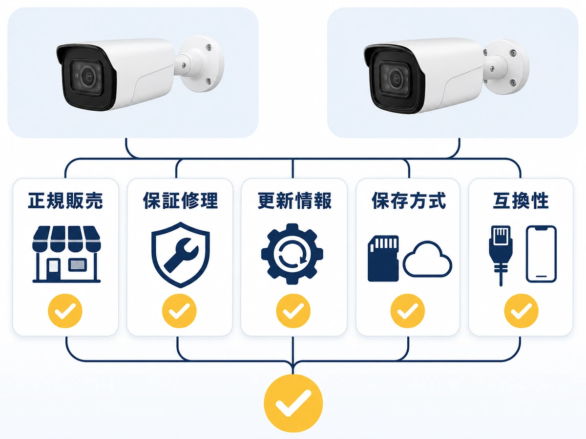正規販売・保証修理・更新情報・保存方式・互換性で防犯カメラ候補を比較する図