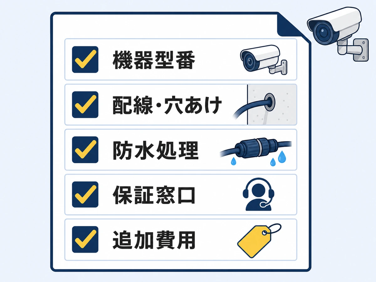 防犯カメラ設置見積もりの機器・工事・保証確認項目