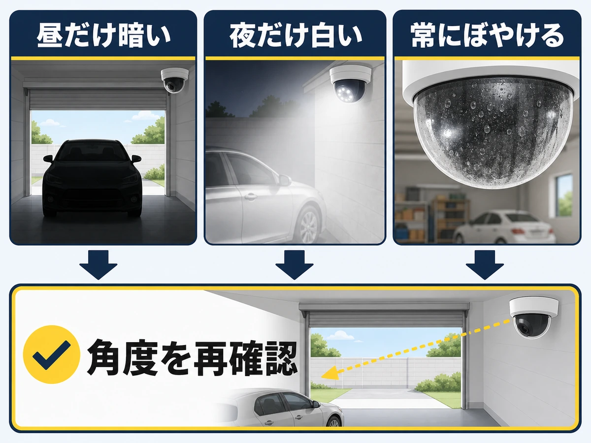 昼の逆光、夜の赤外線反射、レンズの汚れを症状別に切り分ける図
