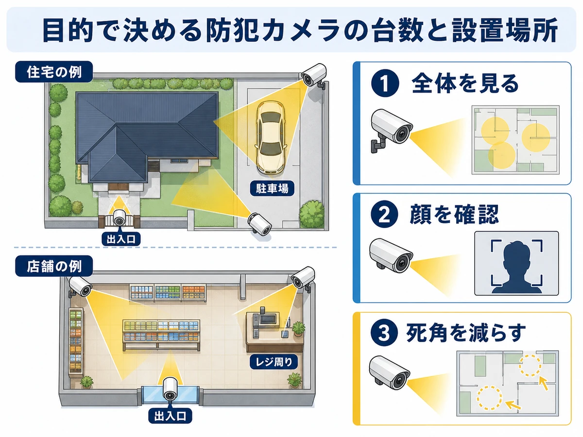 住宅と店舗の防犯カメラ台数を、出入口・駐車場・全体監視・顔確認で考える配置図