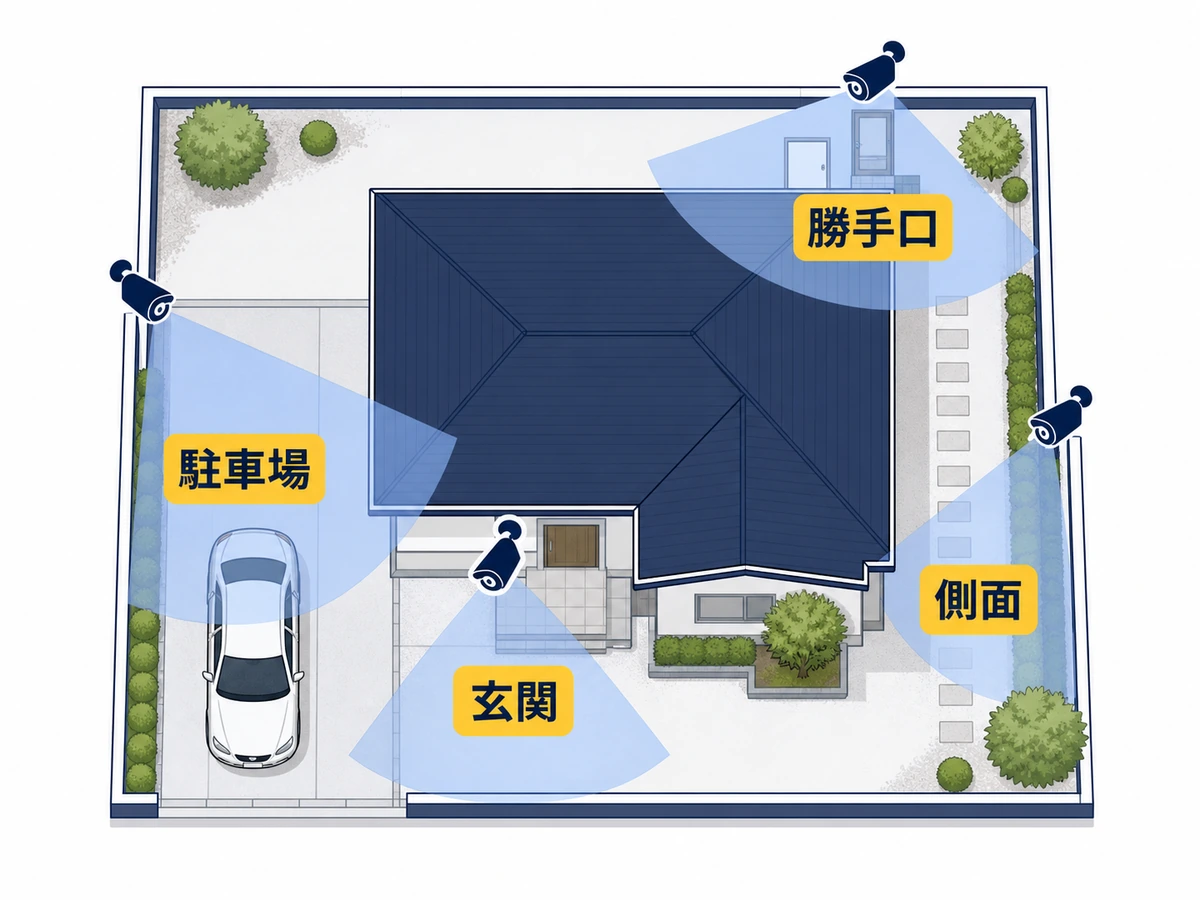 戸建ての玄関・駐車場・勝手口・側面へ防犯カメラを配分する平面図