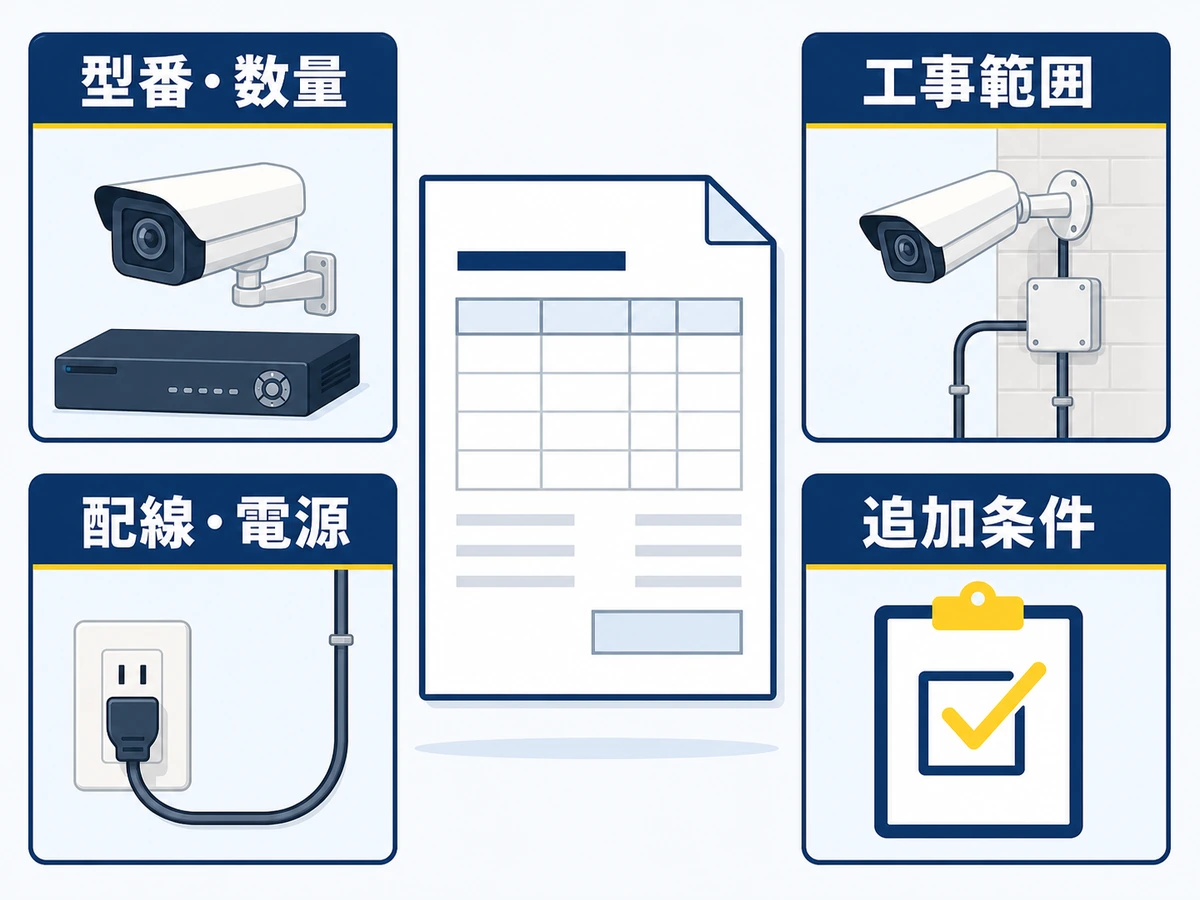防犯カメラの見積書で確認する型番・数量、工事範囲、配線・電源、追加条件