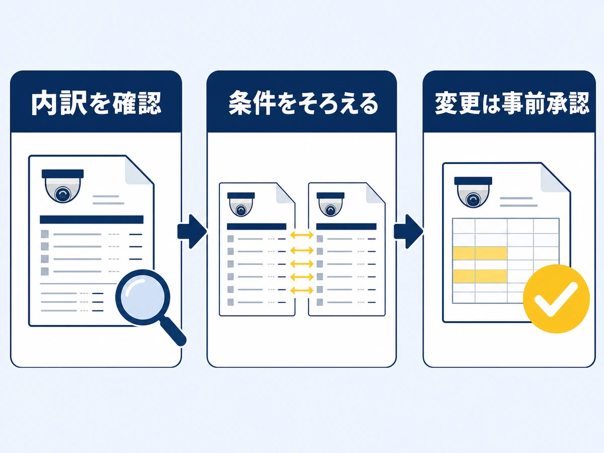 防犯カメラ工事の契約前に内訳確認、条件統一、変更の事前承認を行う流れ