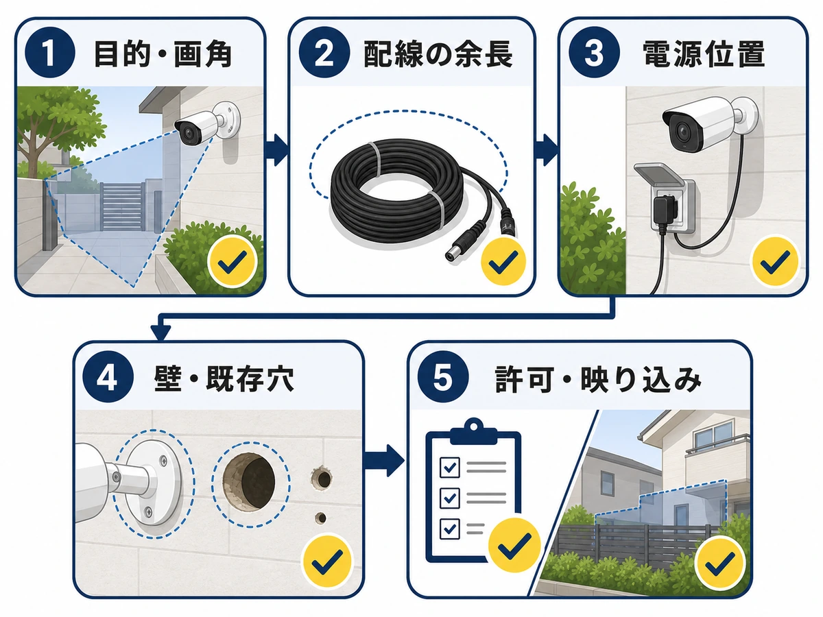 防犯カメラ移設前の目的・画角、配線、電源、壁、許可の5項目