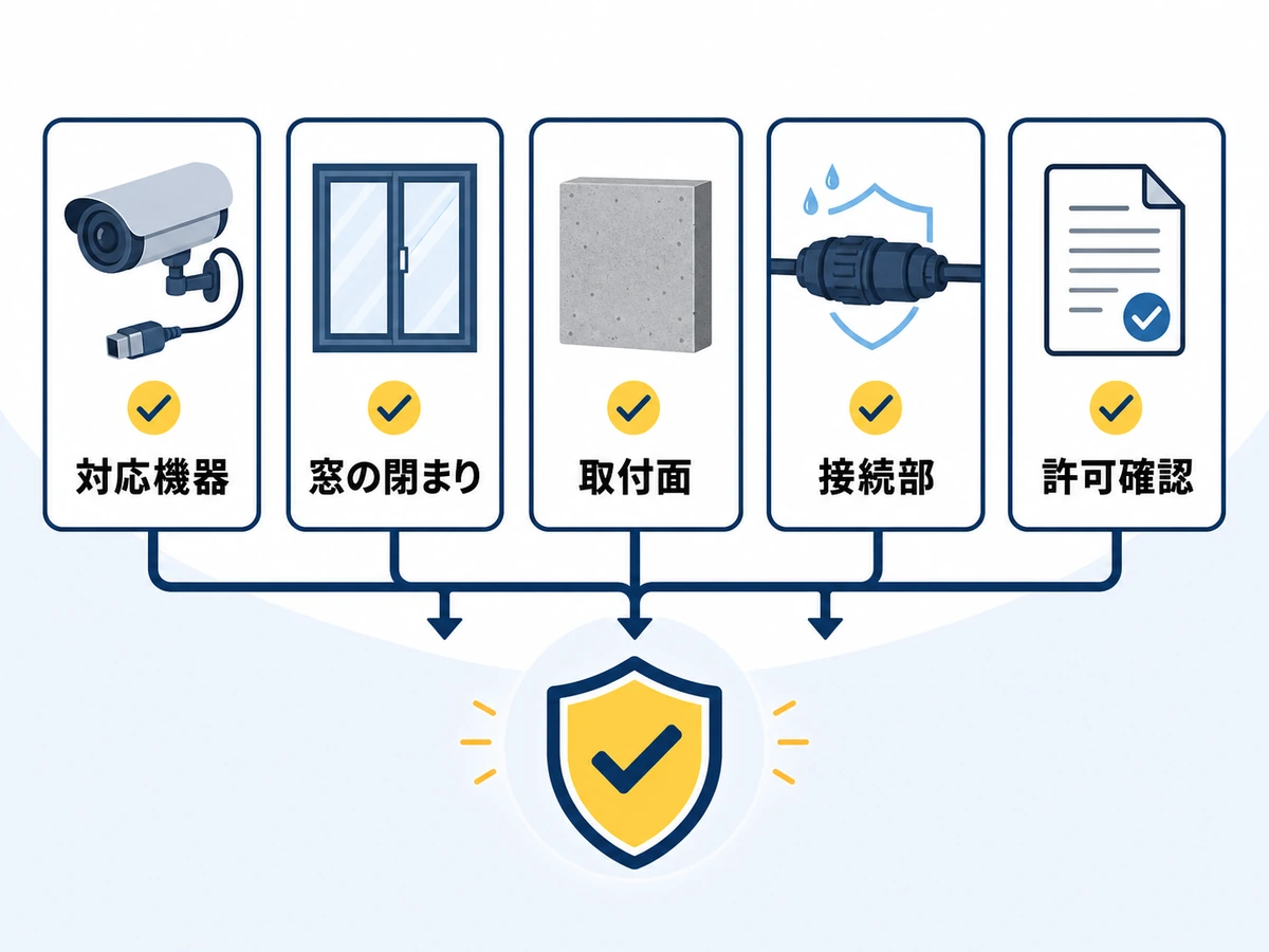 防犯カメラを窓外へ設置する前に対応機器、窓、取付面、接続部、許可を確認する図