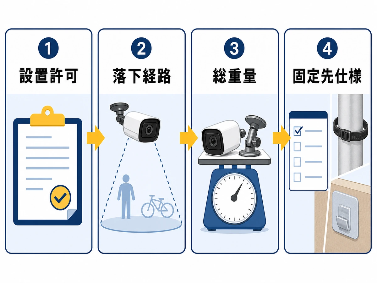 防犯カメラを穴あけなしで仮固定する前に確認する設置許可・落下経路・総重量・固定先仕様の流れ