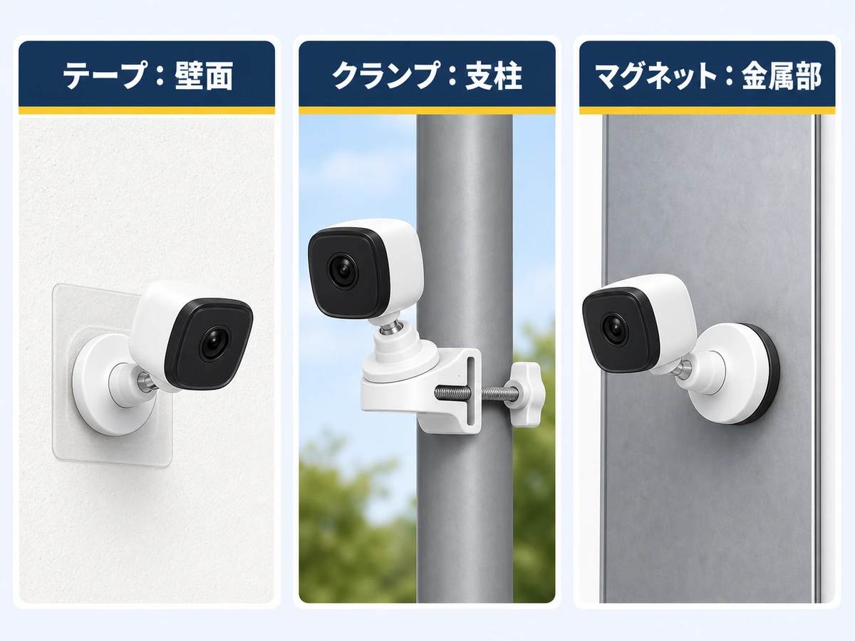 防犯カメラの穴あけなし固定でテープは壁面、クランプは支柱、マグネットは金属部へ使う違い