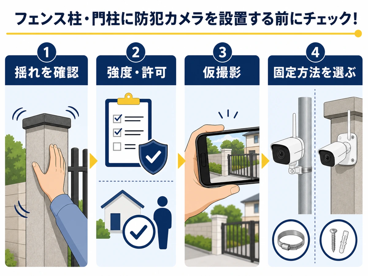 フェンスや門柱への設置前に揺れ・強度・許可・画角を確認する流れ