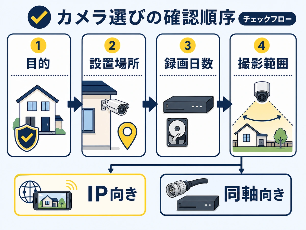 家庭用防犯カメラを目的、設置場所、録画日数、撮影範囲で選ぶ確認フロー