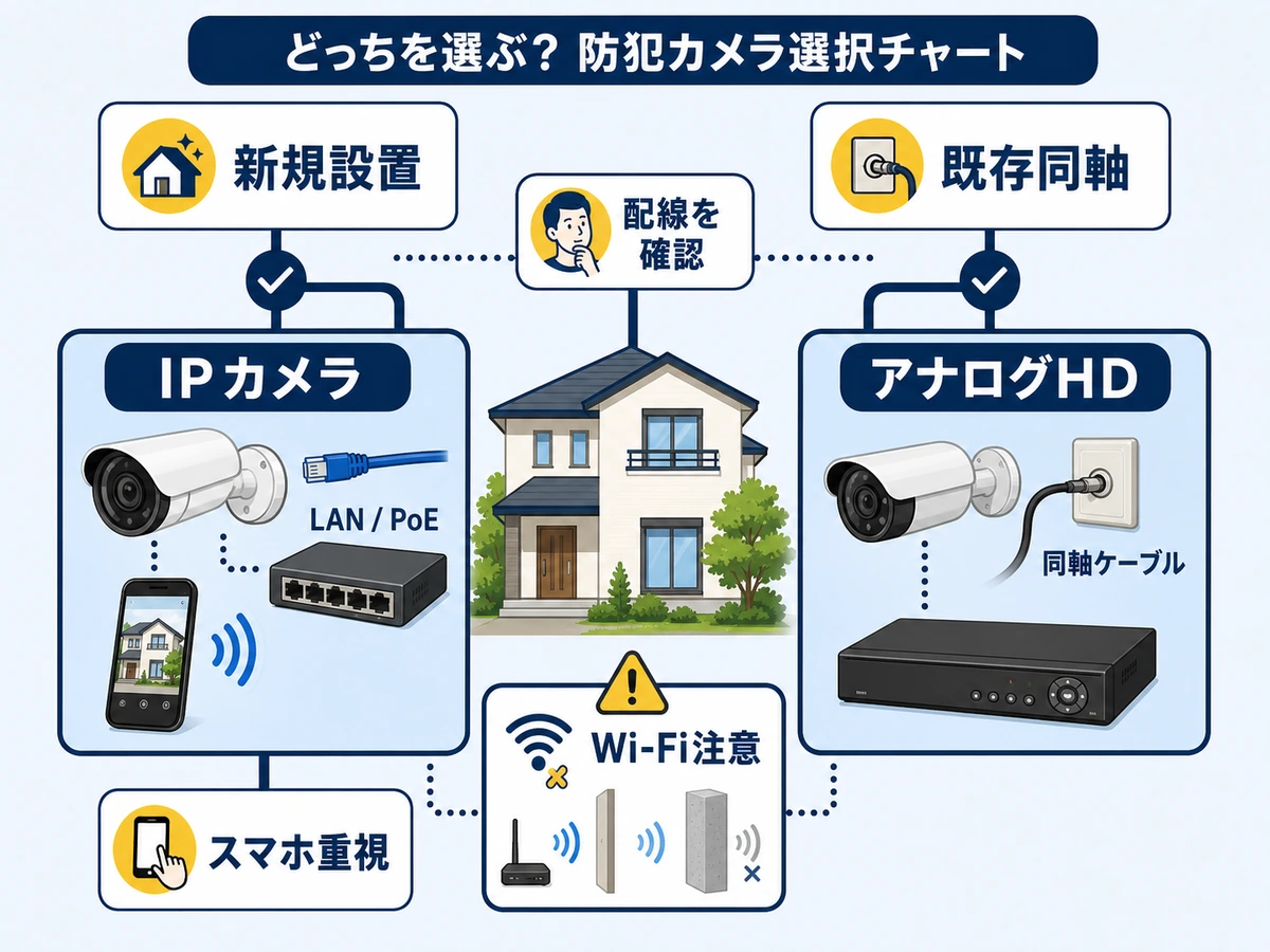 新規設置と既存同軸からIPカメラとアナログHDを選ぶ判断チャート