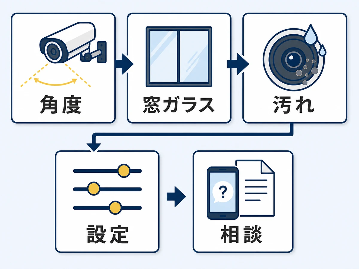 防犯カメラが夜だけ真っ白になるときの確認順を示す図解