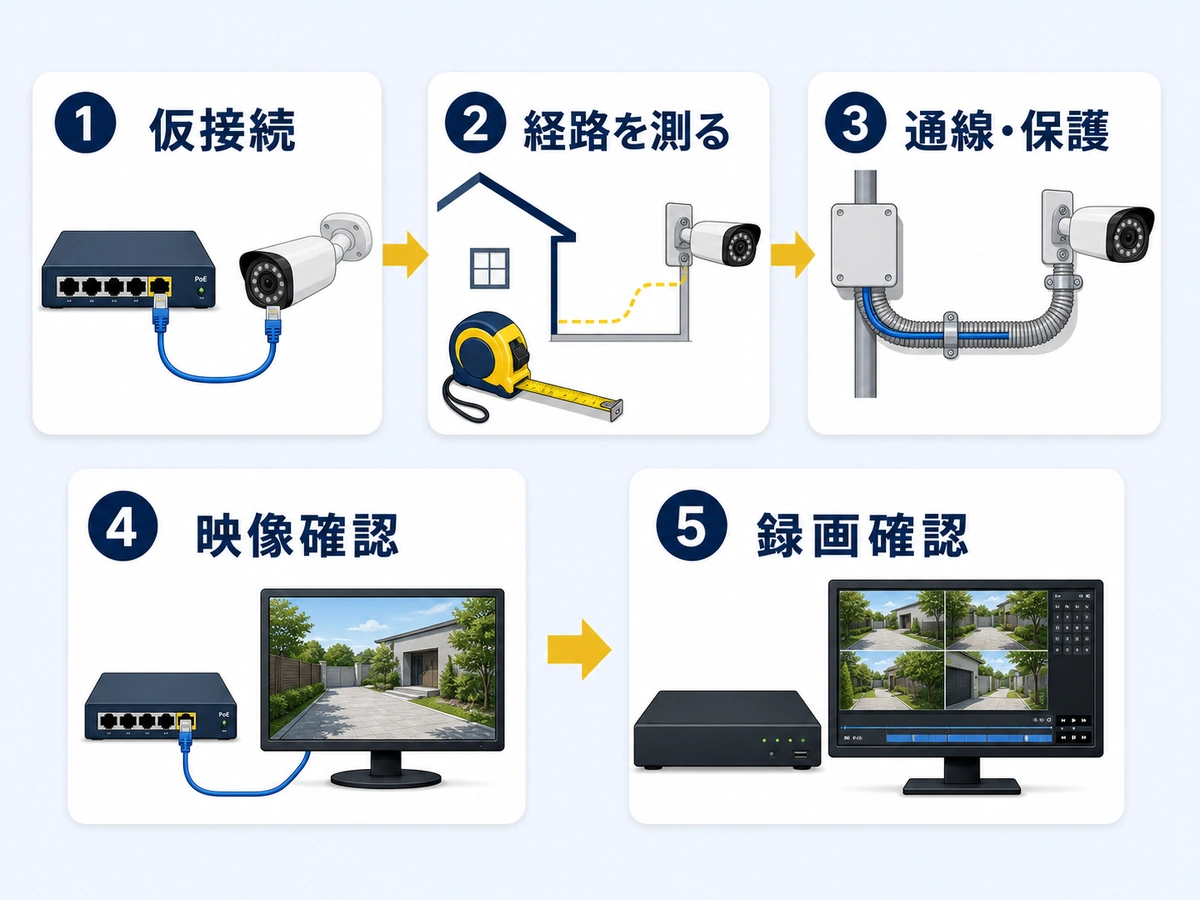 PoE防犯カメラを仮接続から録画確認まで進める5ステップ