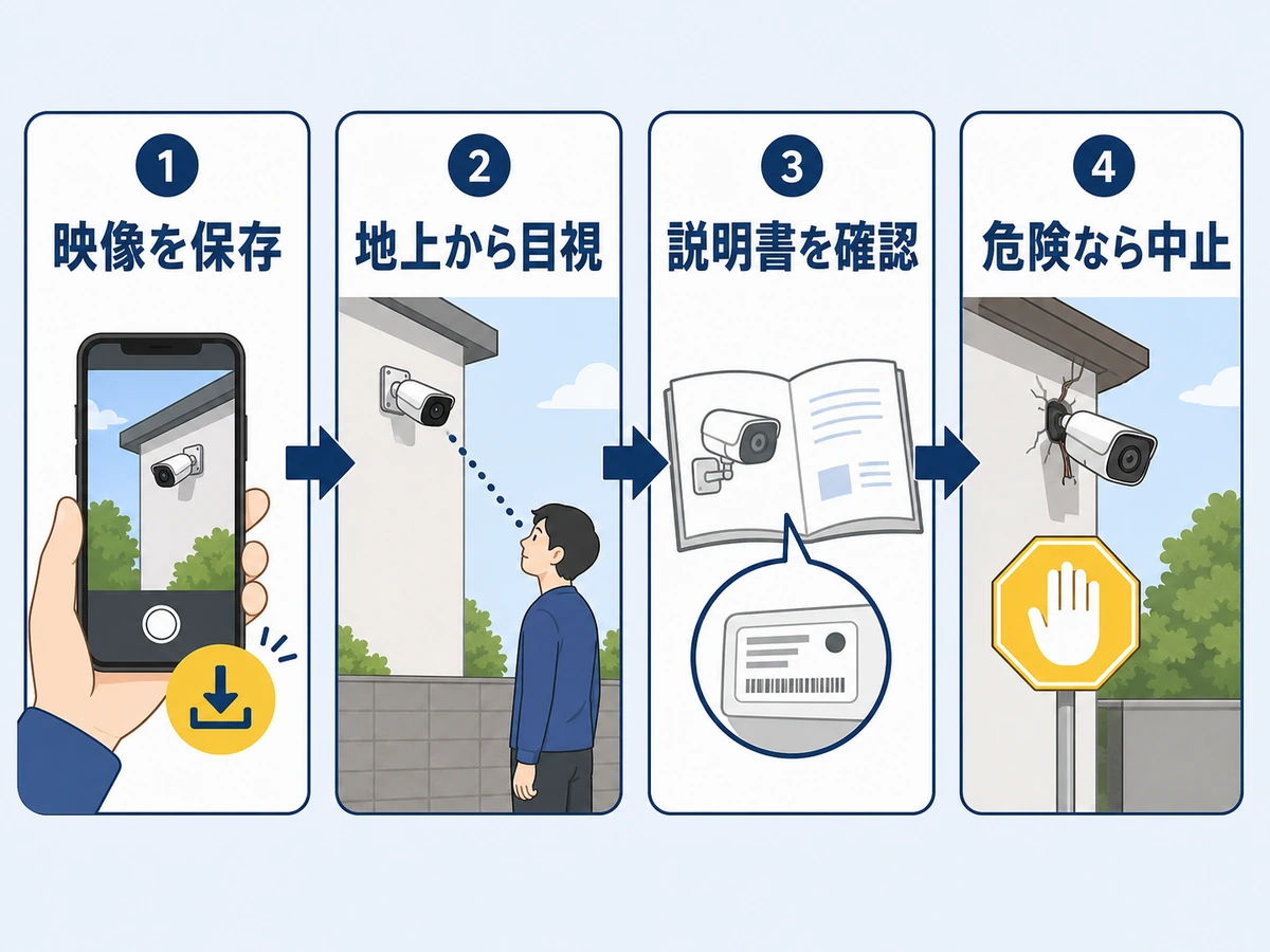 防犯カメラの向きずれ時に映像保存、地上目視、説明書確認、危険時中止の順で進む確認フロー