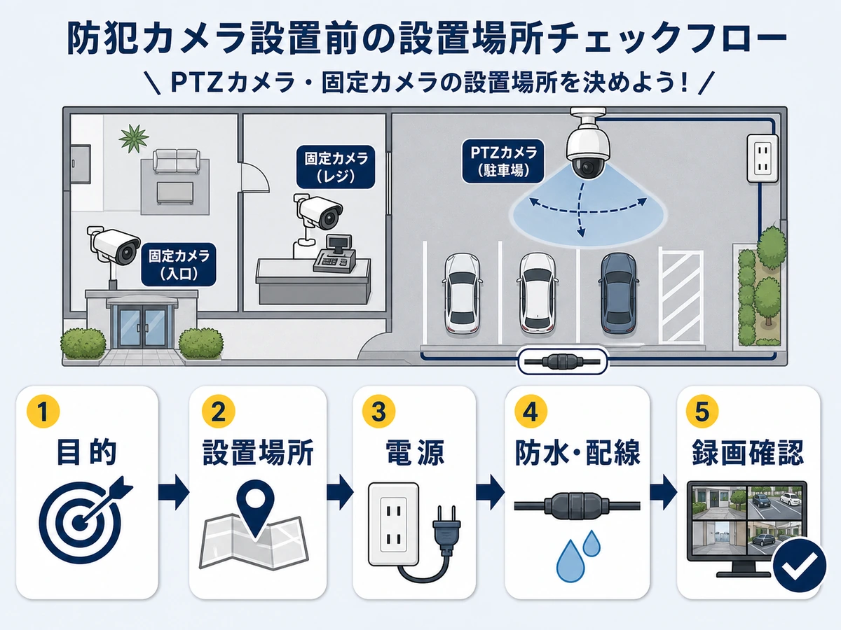 防犯カメラ設置前に目的、設置場所、電源、防水配線、録画確認を整理する図