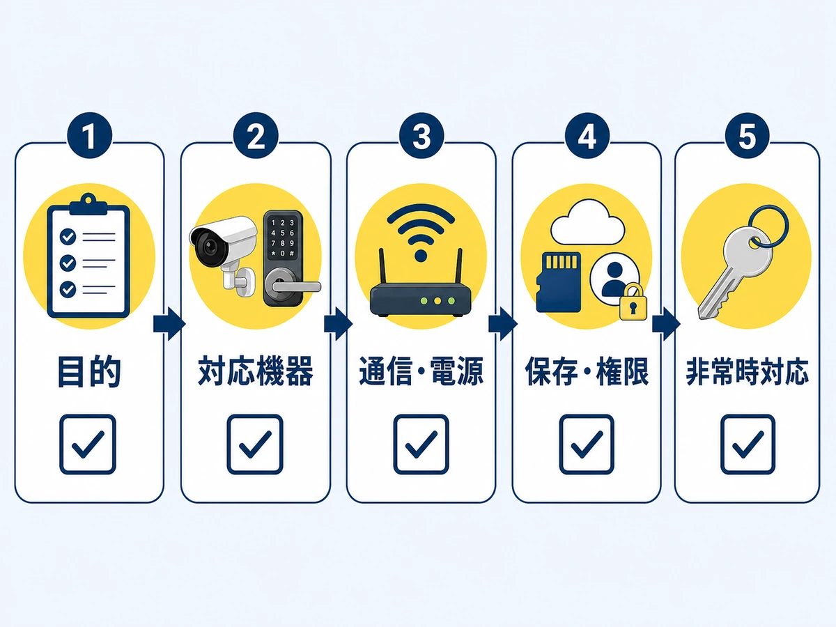 防犯カメラとスマートロック導入前の目的・対応機器・通信電源・保存権限・非常時対応の確認フロー